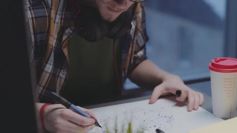 Designer draws in office; work in the evening (twilight), close up Stock Footage 87160468