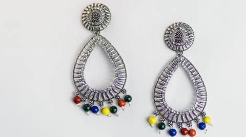 Designer Earring Oval Shape with Multicolor Pearls Stock Photos
