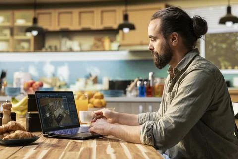 Designer engineer, architectural CAD software, remodeling on laptop Stock Photos