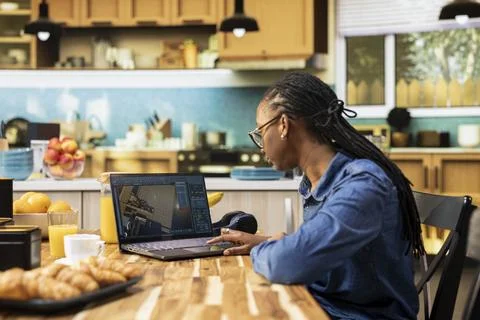 Designer engineer, uses architectural software, remodeling on laptop Stock Photos