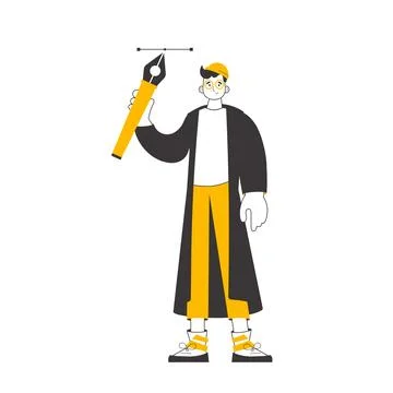 The designer guy holds a pen tool for 2D graphics in his hand. Line art sty.. Stock Illustration