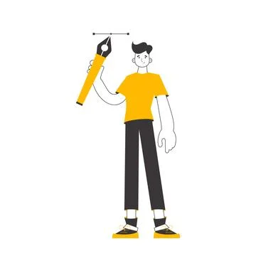 The designer guy holds a pen tool for 2D graphics in his hand. Linear trend.. Stock Illustration