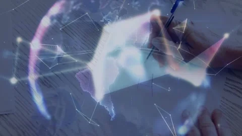 Designer hand placing paper, sketching technology lines, animating nodes into Stock Footage 320204853