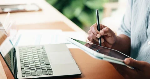 Designer, hands and writing with tablet in home for web interaction, schedule or Stock Footage 337863817