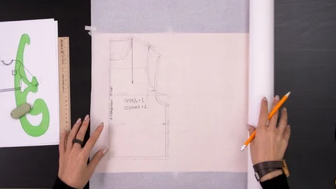 Designer Hands Making a Pattern on the Fabric before Sew Fashionable Clothes Stock Footage 106819032