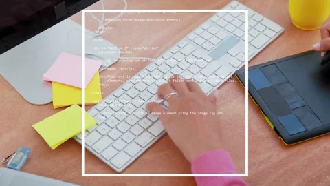 Designer hands typing then reaching for stylus, using tablet for design, with Stock Footage 333859229