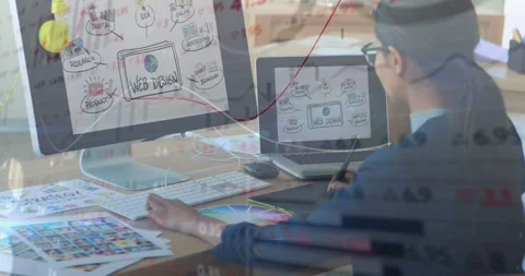 Designer holding stylus, refining web UI while analytics and red trend floating Stockbeeldmateriaal 331063106