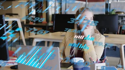 Designer holding stylus using graphics tablet, animated data charts drawing gaze Stock Footage 333719990