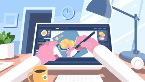 Designer illustrator draws on computer Stock Illustration