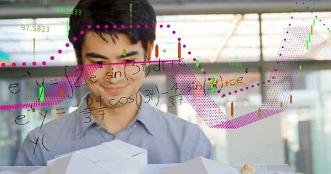 Designer inspecting models while pink graphs and green markers appearing over Vidéo 330427820