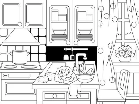Designer kitchen interior. Vector illustration, coloring book. Stock Illustration