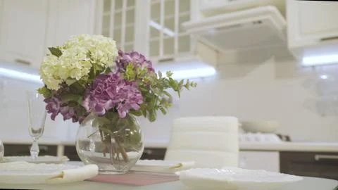 Designer kitchen. White kitchen interior. Designer white kitchen. Stock Photos