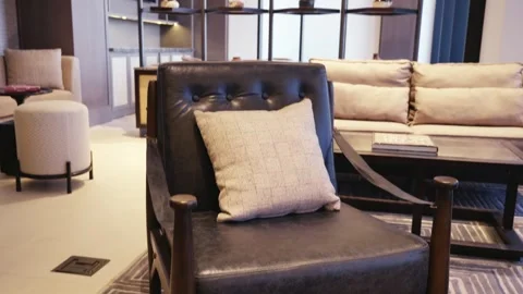 Designer Leather Armchair on Linear Patterned Rug Stock Footage 333817580