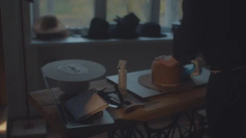 Designer makes a felt hat. Fedora hat Stock Footage 86485613
