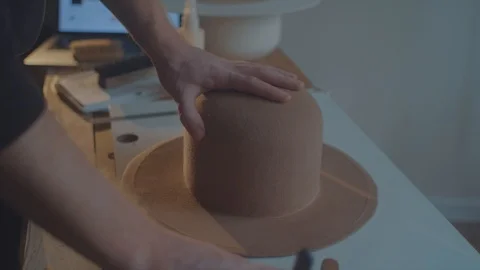 Designer makes a felt hat. Fedora hat 스톡 동영상 86486582