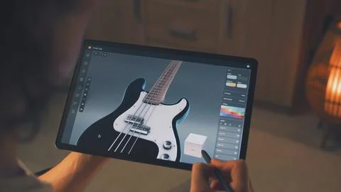 Designer making 3D prototype of guitar Stockfoto's