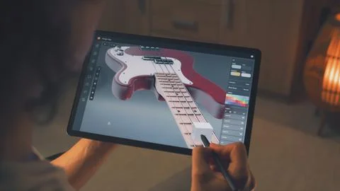 Designer making 3D prototype of guitar Foto stock