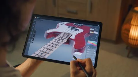 Designer making 3D prototype of guitar Stockfoto's