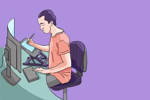 Designer making artwork on his workplace, using pen tablet and computer to cr Stock Illustration