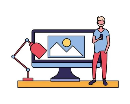 Designer man with mobile computer Stock Illustration
