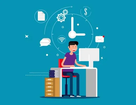 Designer man working with creative process icons on background. Concept desig Stock Illustration
