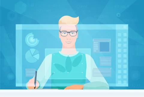 Designer man working using virtual media interface workspace. Designer Artist Stock Illustration