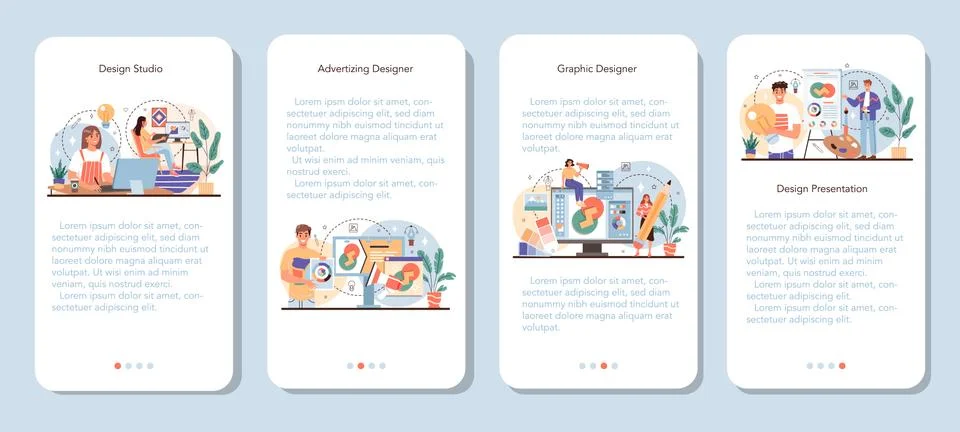 Designer mobile application banner set. Advert designer or graphic illustrator Stock Illustration