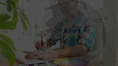 Designer placing stylus tablet, sketching, refining wheel and proofs, dotted map Vídeos de archivo 333463237