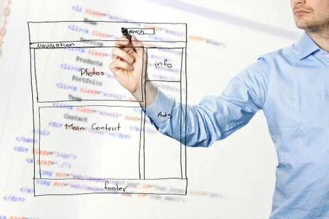 Designer presents website development wireframe Stock Photos