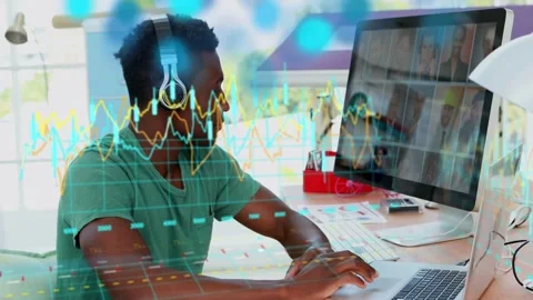 Designer responding to data overlay appearing, donning headphones, matching Stock Footage 333445362