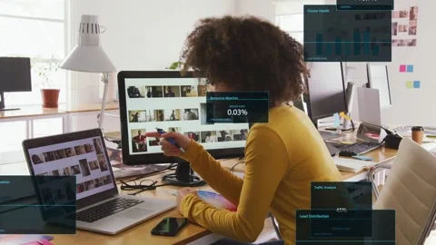 Designer selecting thumbs, comparing swatch and clicking laptop, data overlays Stock Footage 334883569