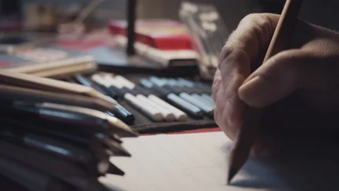 Designer sketching or drawing, using pencil in hand, workspace and desk in Stock Footage 146538056