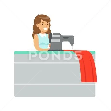 Designer Stitching Red Fabric With Electric Sewing Machine, Part Of People Using Stock Illustration