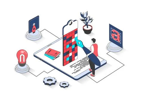 Designer studio 3d isometric concept with isometry people design for web. M.. Illustrazione stock