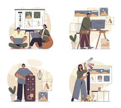Designer studio concept scenes set in flat web design. People in situations.. Ilustración de archivo