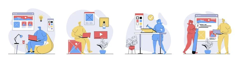 Designer studio concept set in flat design for web. Collection with people .. イラスト素材