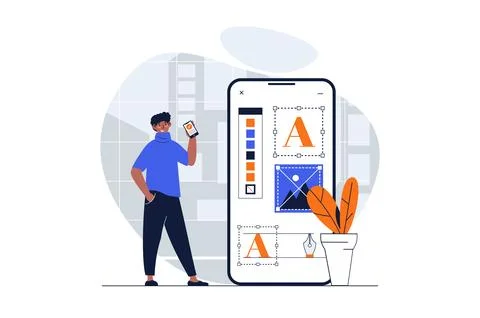 Designer studio web concept with character scene. Man creating mobile app l.. Illustrazione stock
