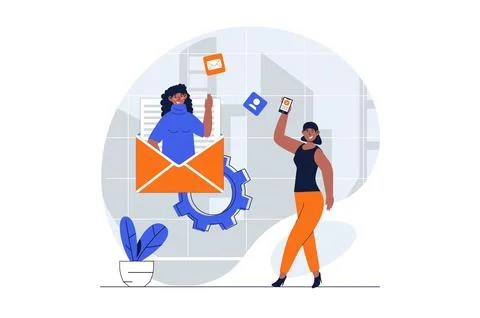 Designer studio web concept with character scene. Women creating and promot.. Stock Illustration