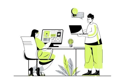 Designer studio web concept with flat cartoon people for website design. Woma Stock Illustration