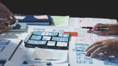 The designer team is designing the uxui system to make the uxui system work.. Stock Footage 290953343