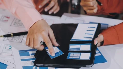 The designer team is designing the uxui system to make the uxui system work.. Stock Footage 308982603