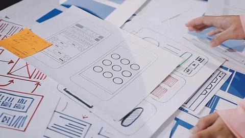 The designer team is designing the uxui system to make the uxui system work.. Stock Footage 308982720