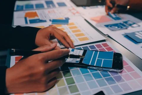 The designer team is designing the uxui system to make the uxui system work.. Stock-Fotos