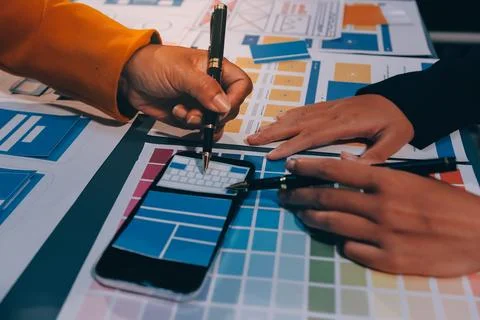 The designer team is designing the uxui system to make the uxui system work.. Stock-Fotos