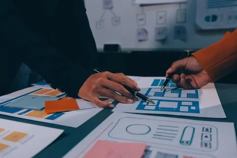 The designer team is designing the uxui system to make the uxui system work.. Stock-Fotos