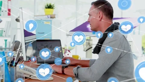 Designer typing keys, causing blue heart pin icons linking overlay covering 스톡 동영상 332404992