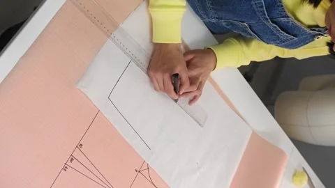 Designer uses a black marker and a ruler to create a design for a future Stock Footage 281641857