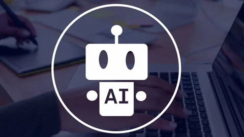 Designer using stylus and typing, circle appearing over hands, AI robot tilting, Stock Footage 334729014