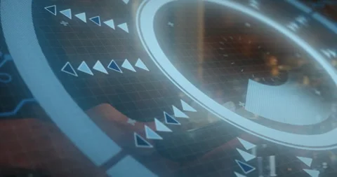 Designer using tech interface, showing glowing circular ring with arrow pointers Stock Footage 307447373