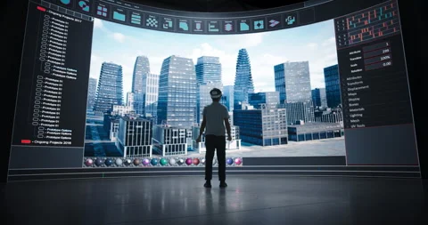 Designer Using VR with Screen Wall Creating City Buildings Video stock 318080123